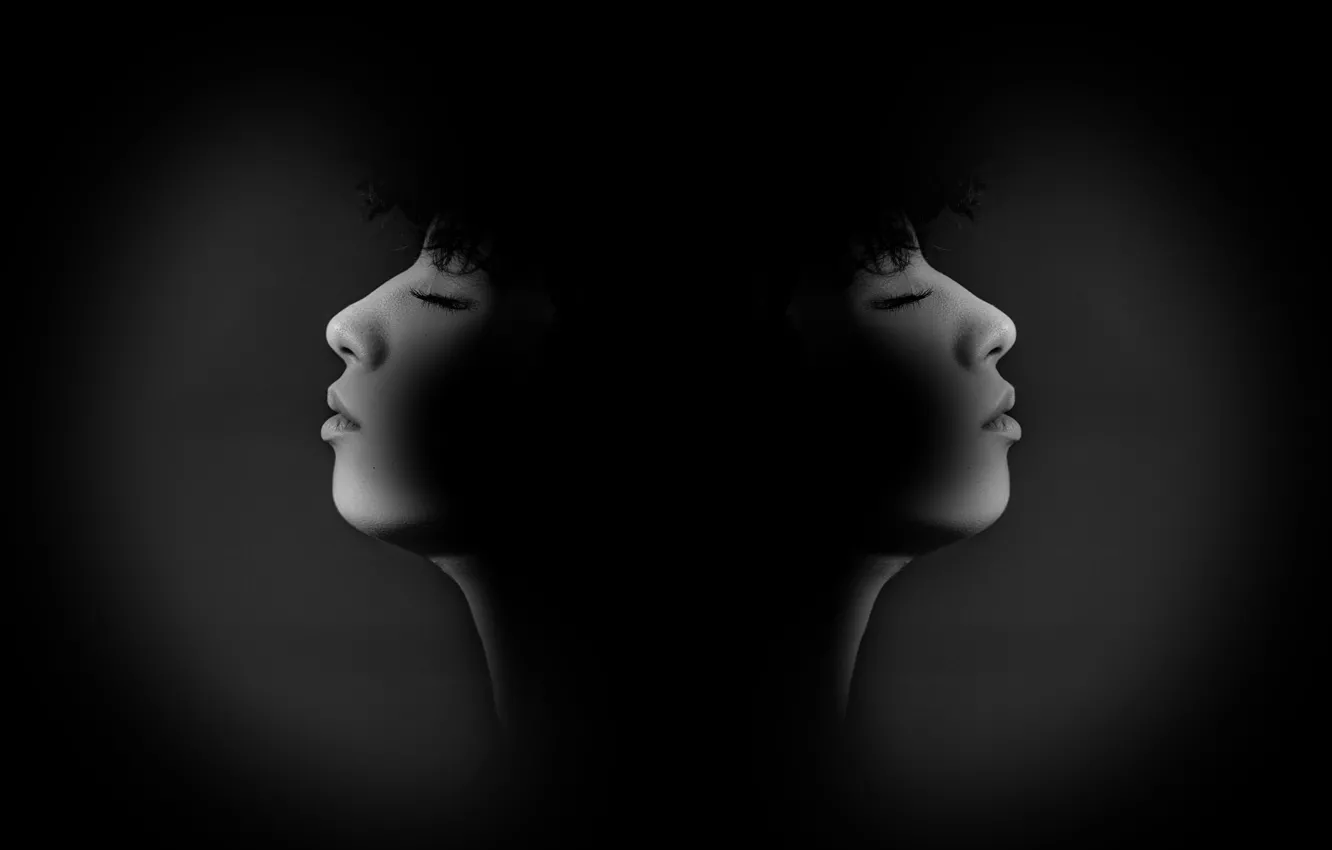 Photo wallpaper woman, shadows, black and whie, reflection in mirror