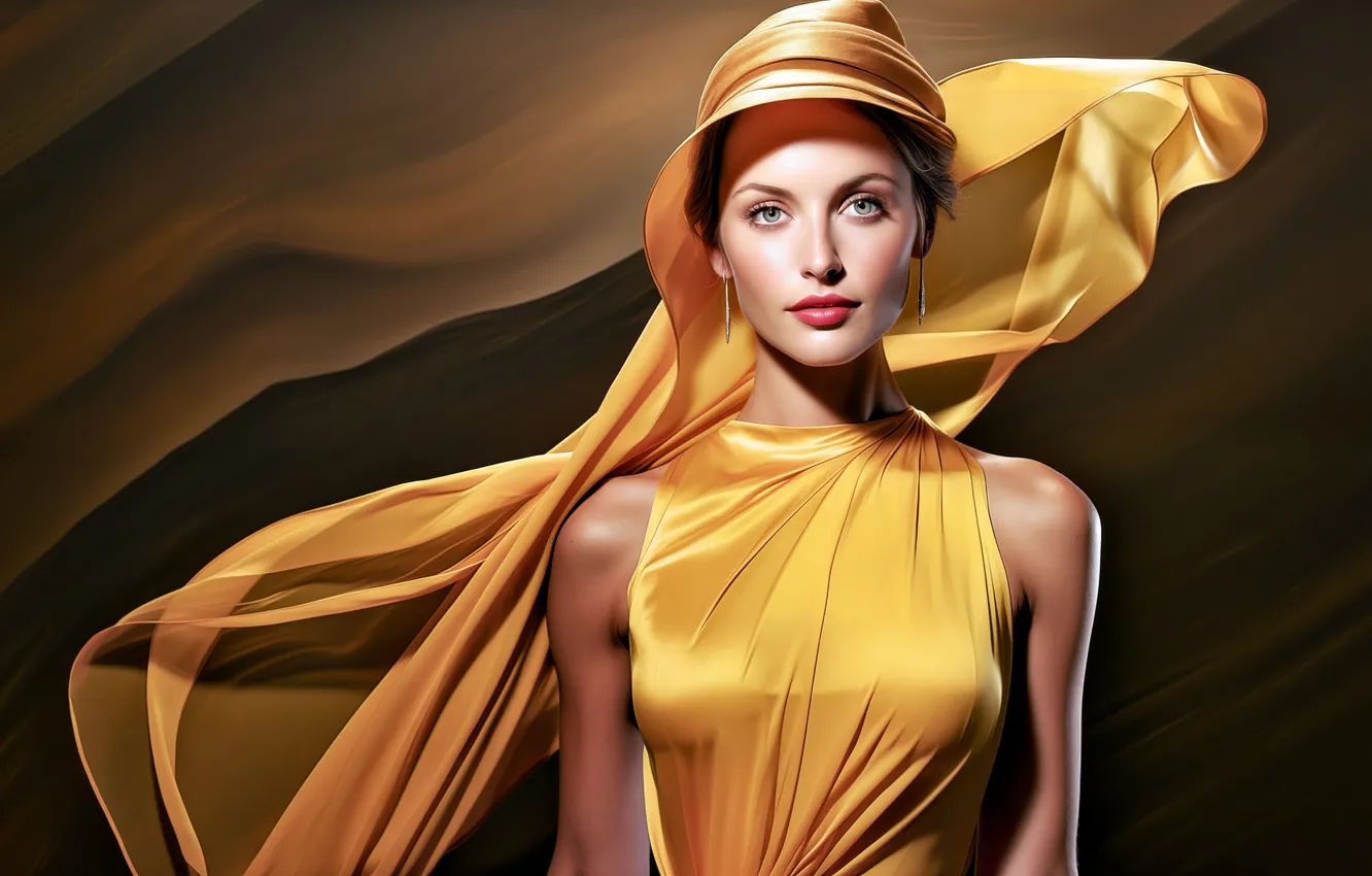 Photo wallpaper earrings, train, makeup, hat, hat, charm, yellow dress, beautiful woman