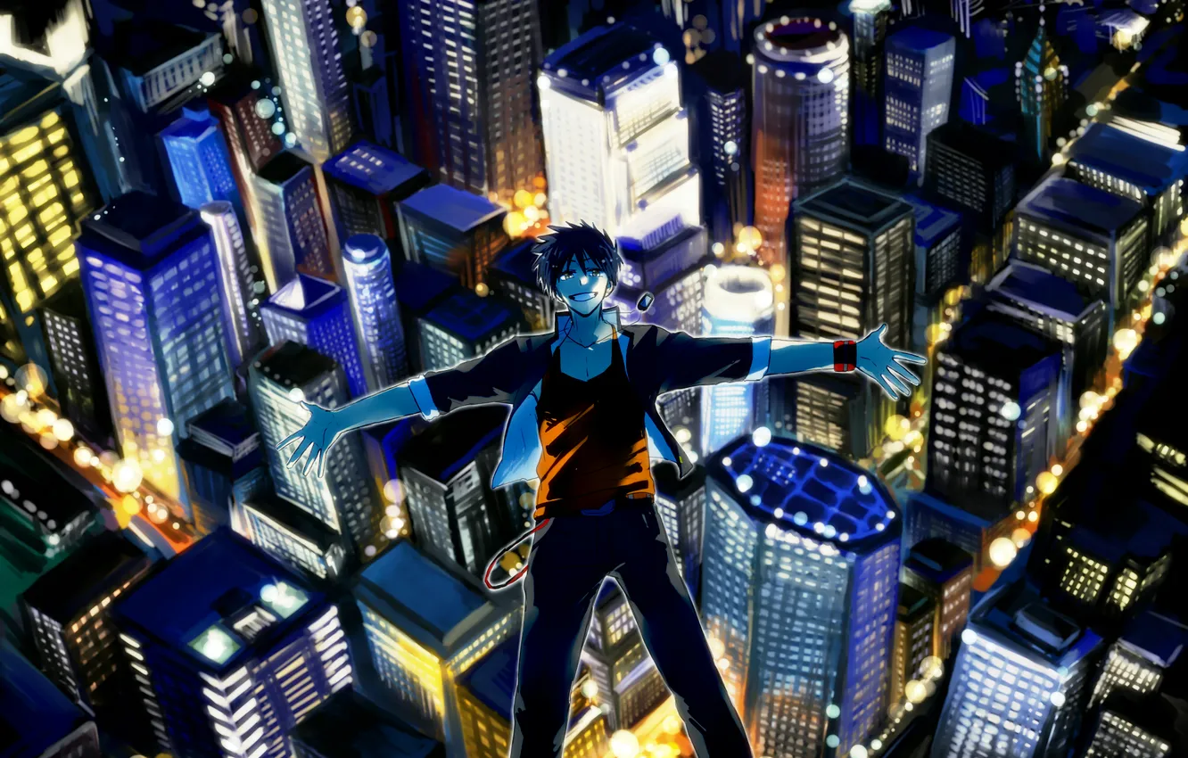 Photo wallpaper night, the city, smile, home, anime, art, guy, psyren