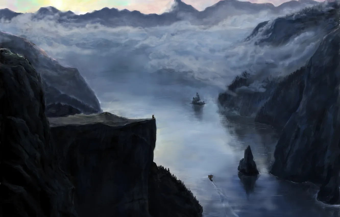 Photo wallpaper clouds, landscape, mountains, river, open, rocks, people, ship