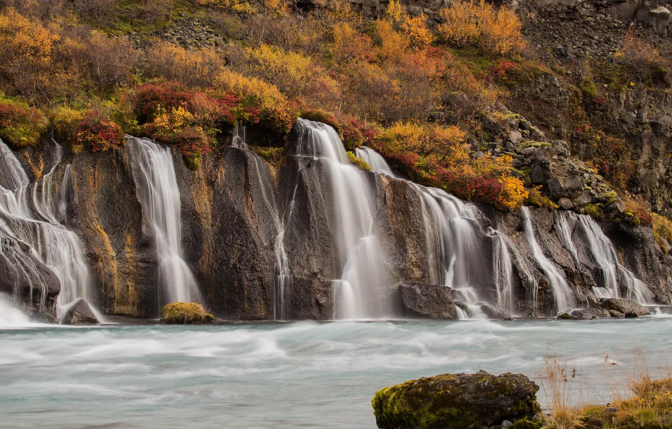 Photo wallpaper autumn, mountains, river, rocks, waterfall
