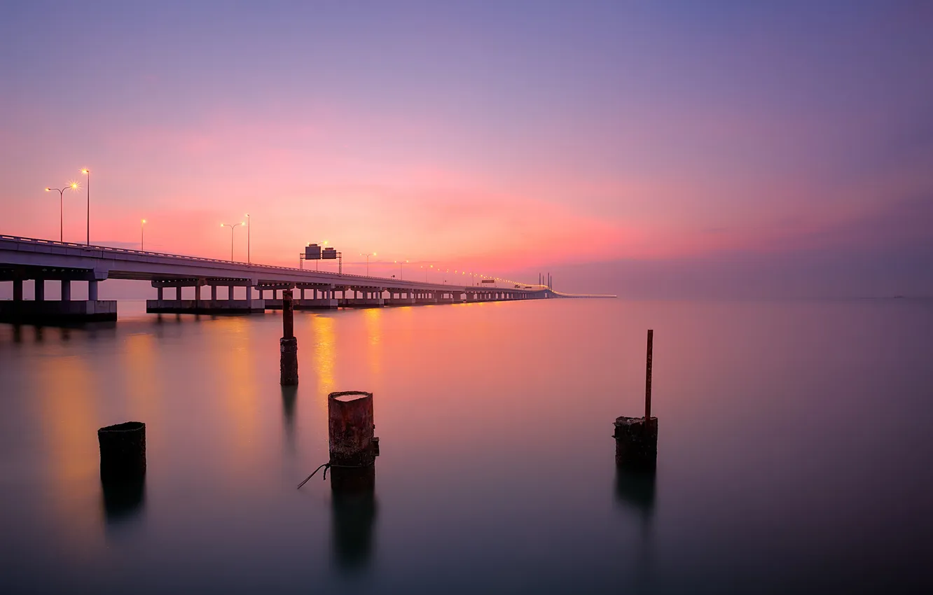 Photo wallpaper sea, the sky, clouds, bridge, lights, the evening, lights