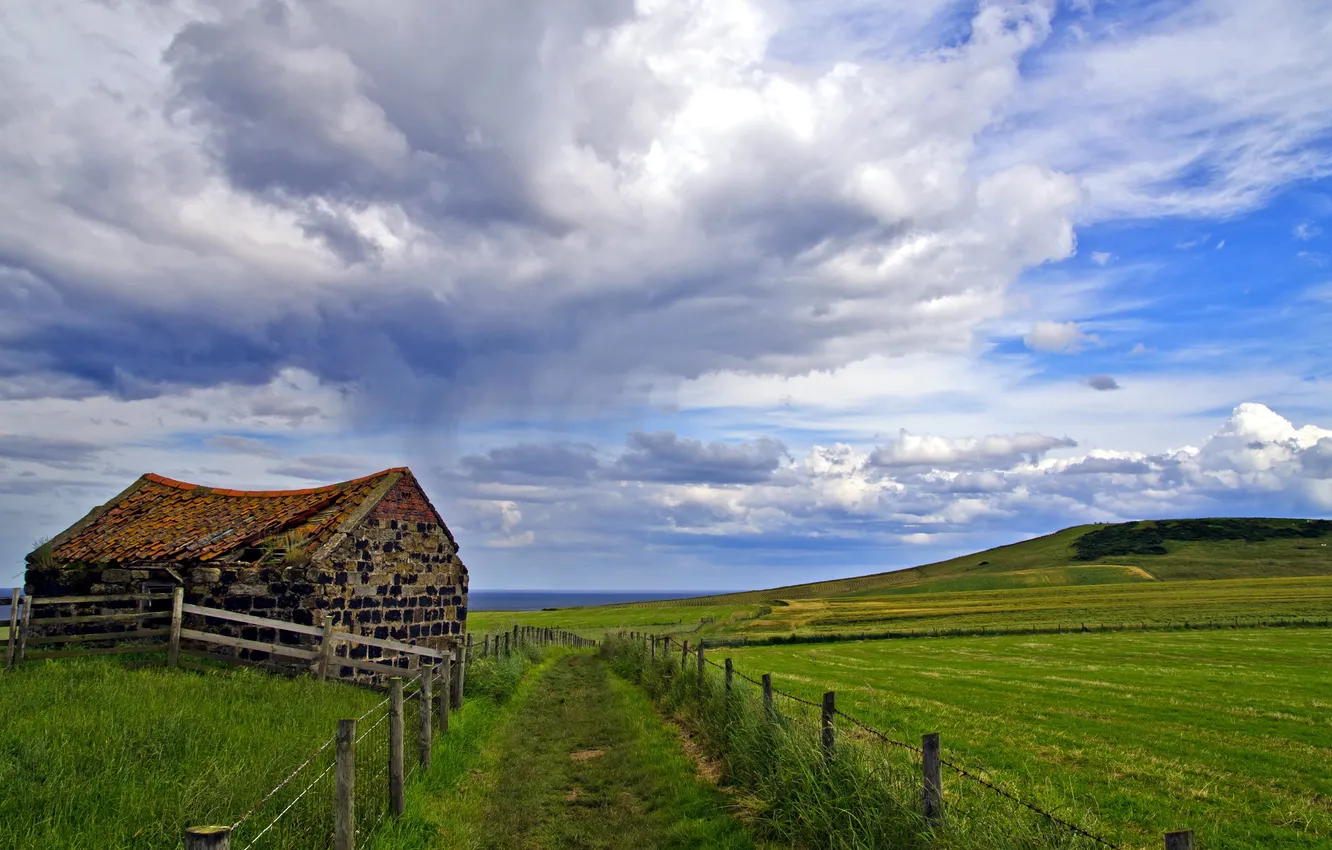 Photo wallpaper road, field, landscape, the fence, home