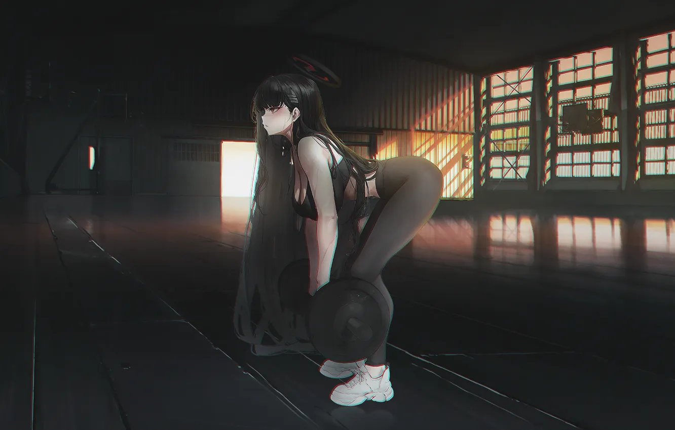 Photo wallpaper anime, anime girls, Big boobs, gym equipment, Blue Archive, Tsukatsuki Rio, Hanging Boobs