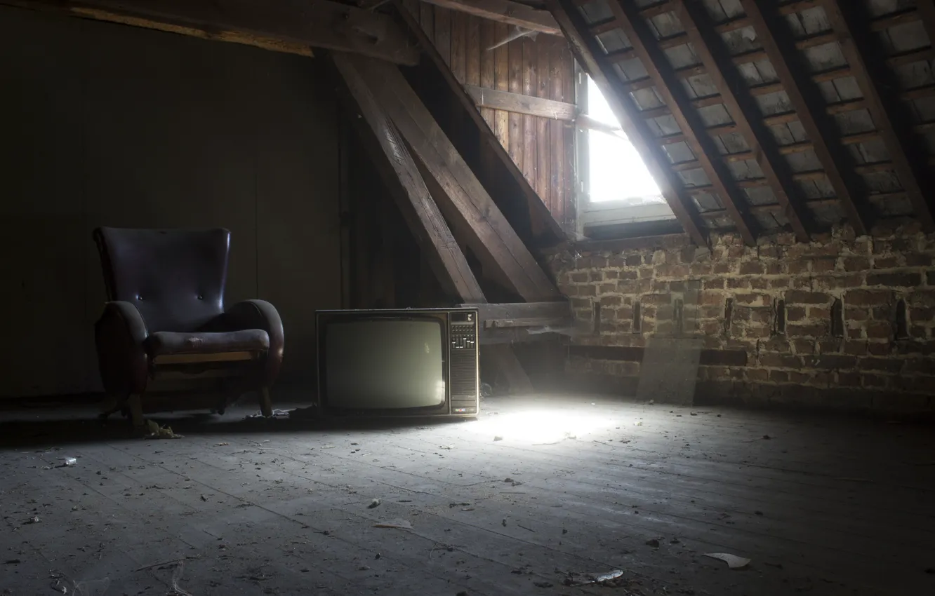 Photo wallpaper chair, TV, attic