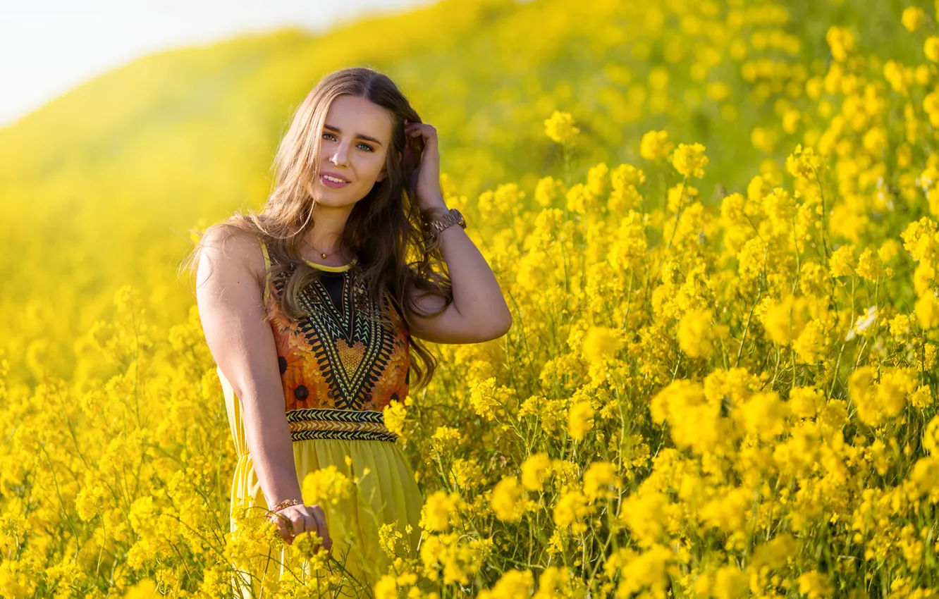 Photo wallpaper field, summer, girl, face, dress, beauty