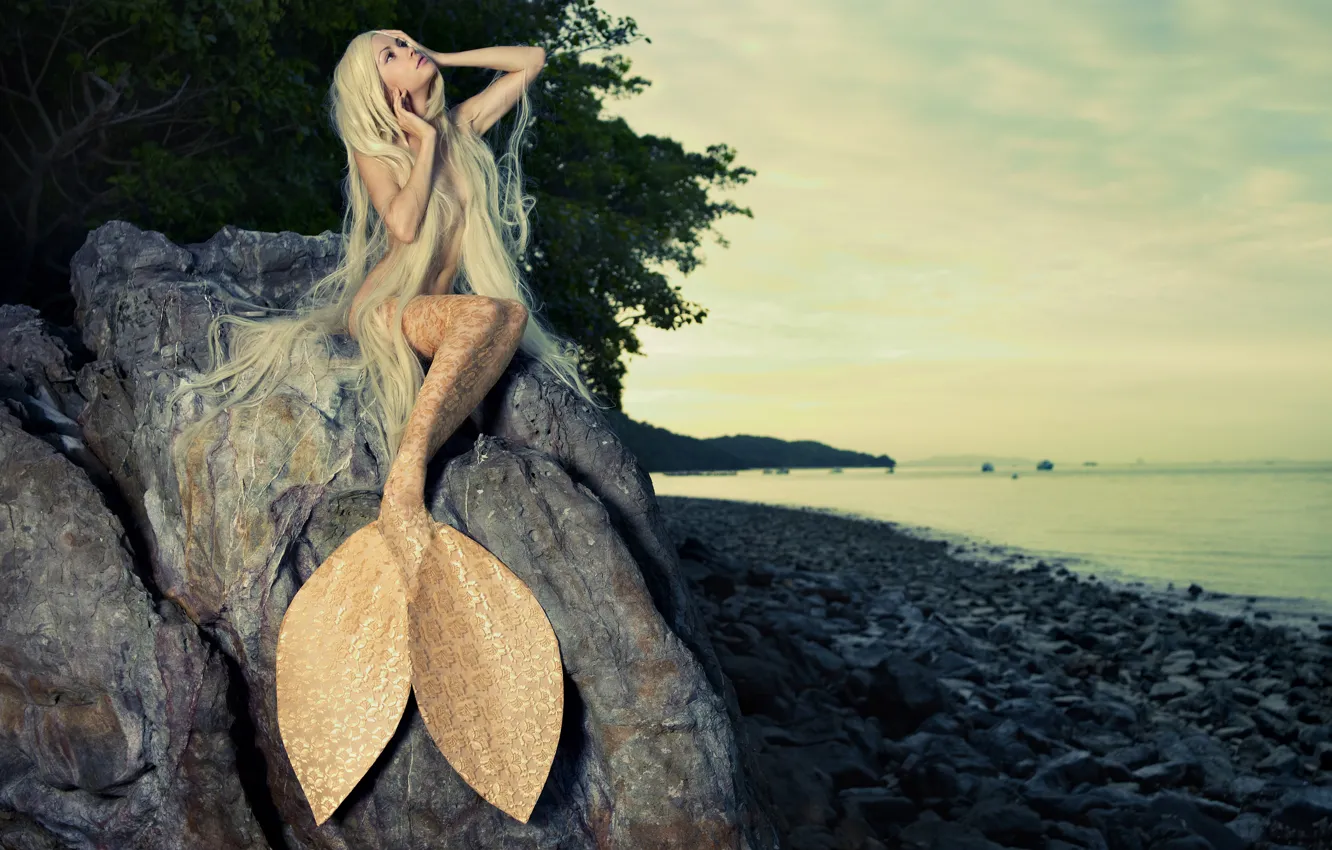 Photo wallpaper sea, look, girl, mermaid, makeup, blonde, tail, long hair
