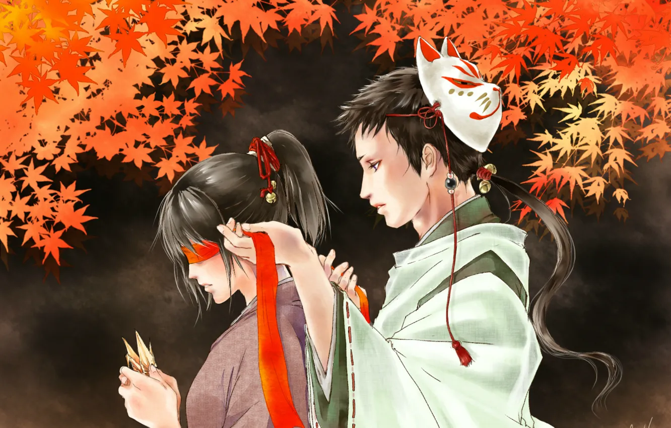Photo wallpaper mask, headband, kimono, two, origami, red leaves, bell
