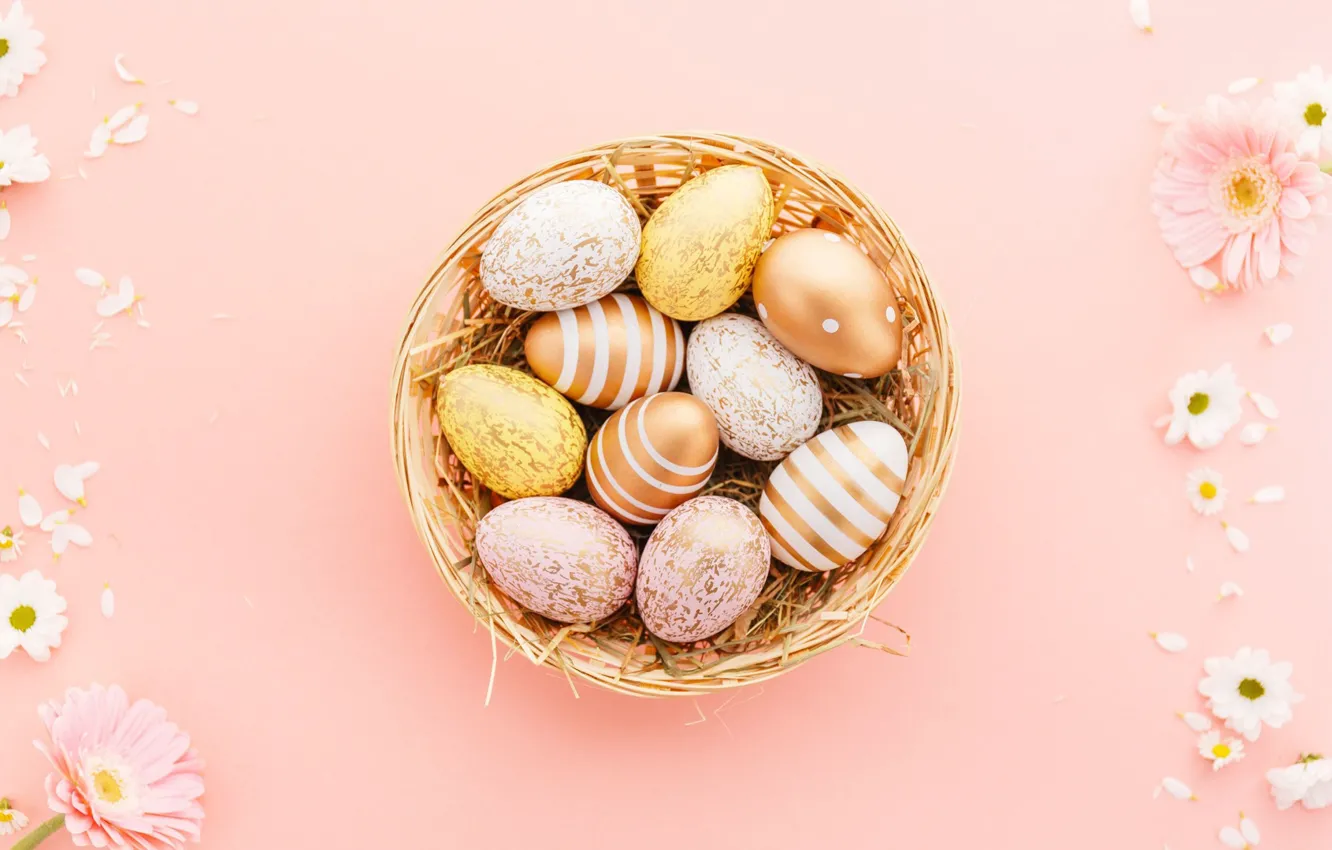 Photo wallpaper flowers, basket, eggs, Easter, easter