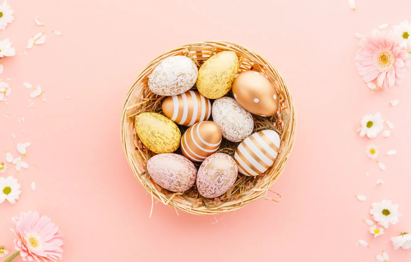 Photo wallpaper flowers, basket, eggs, Easter, Easter
