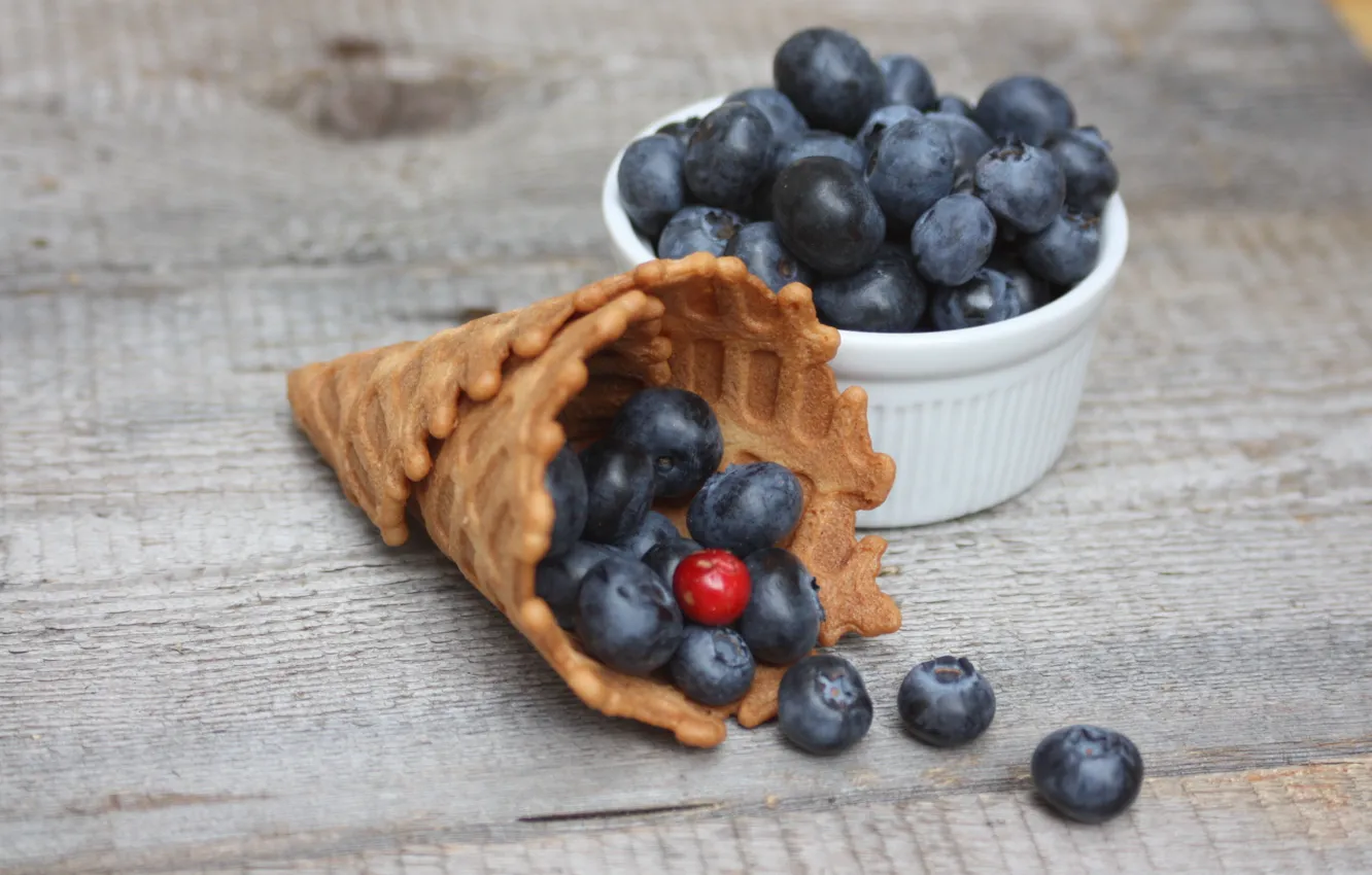 Photo wallpaper berries, blueberries, wood, waffle cone