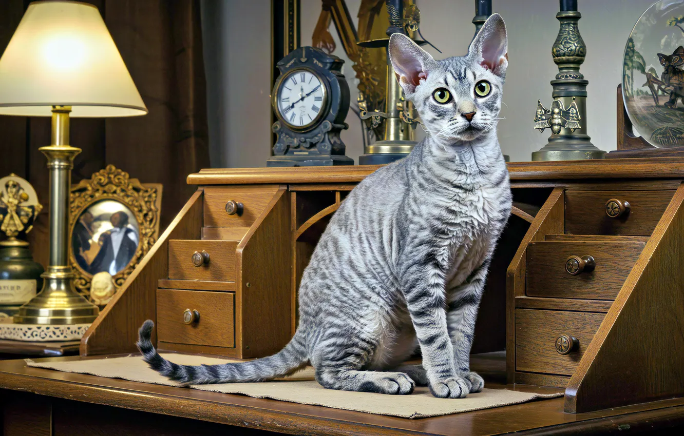 Photo wallpaper cat, cat, look, pose, table, grey, room, watch