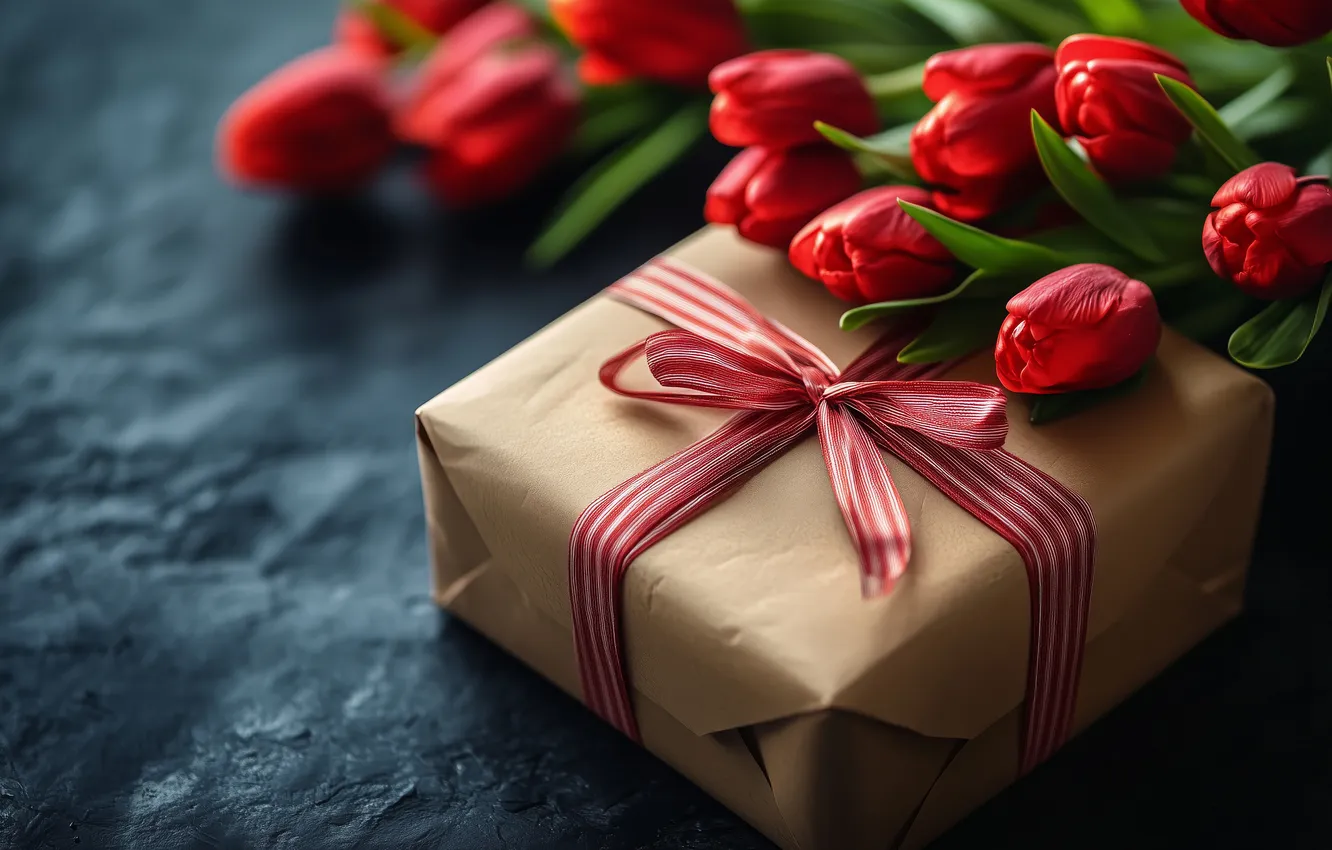 Photo wallpaper flowers, red, holiday, box, gift, bouquet, spring, tulips