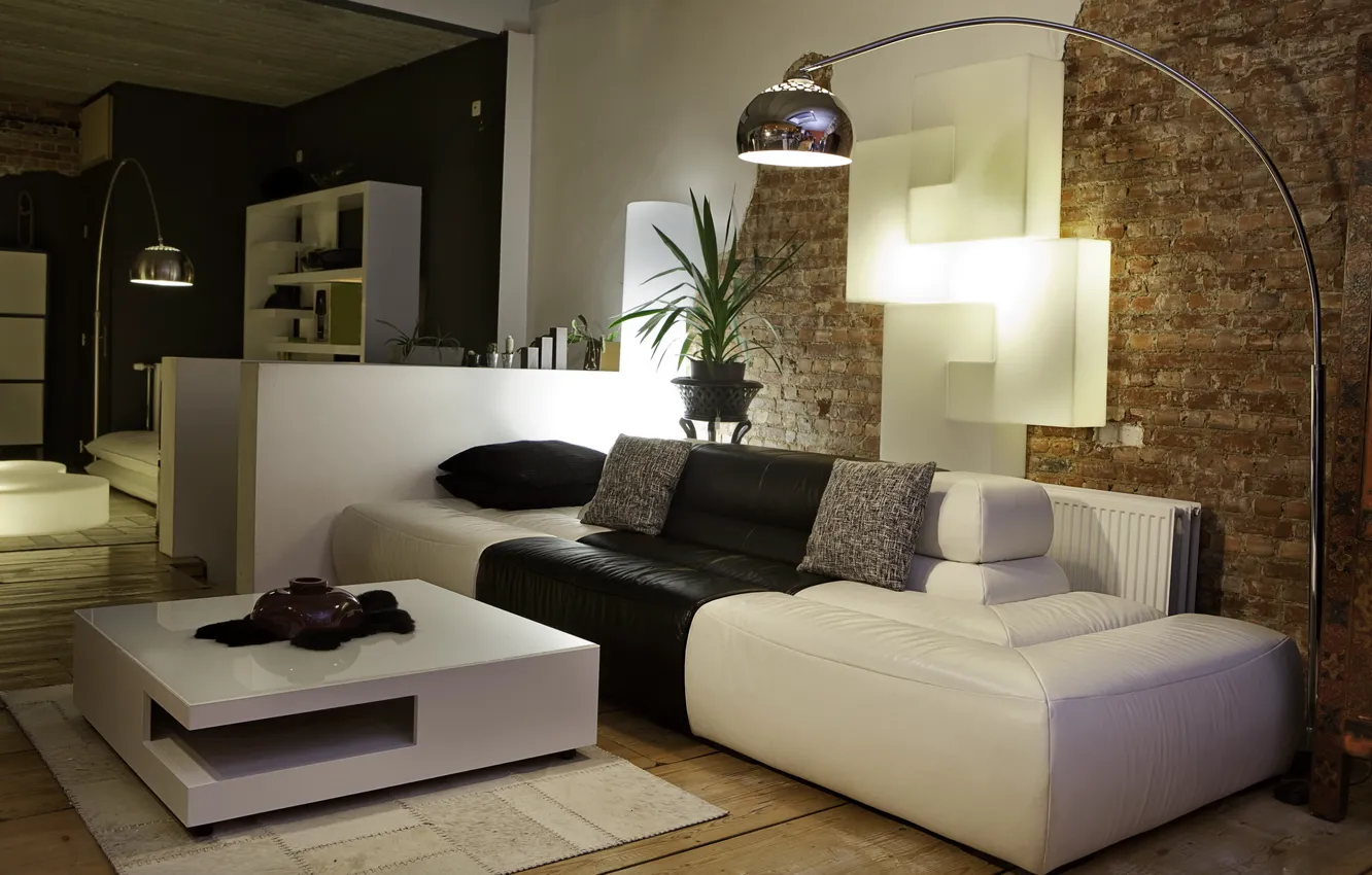 Photo wallpaper design, style, room, sofa, black and white, lamp, interior, apartment