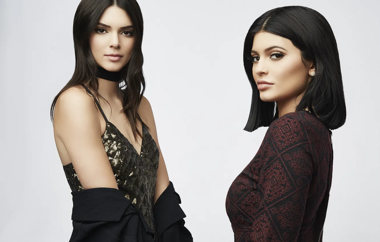 Photo wallpaper girl, brunette, celebrity, sisters, Kylie Jenner, Kendall Jenner