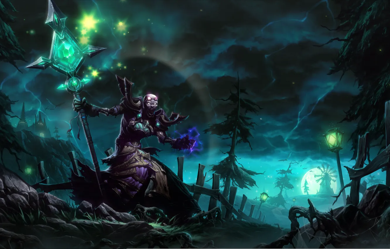 Photo wallpaper trees, night, magic, the moon, mill, staff, necromancer