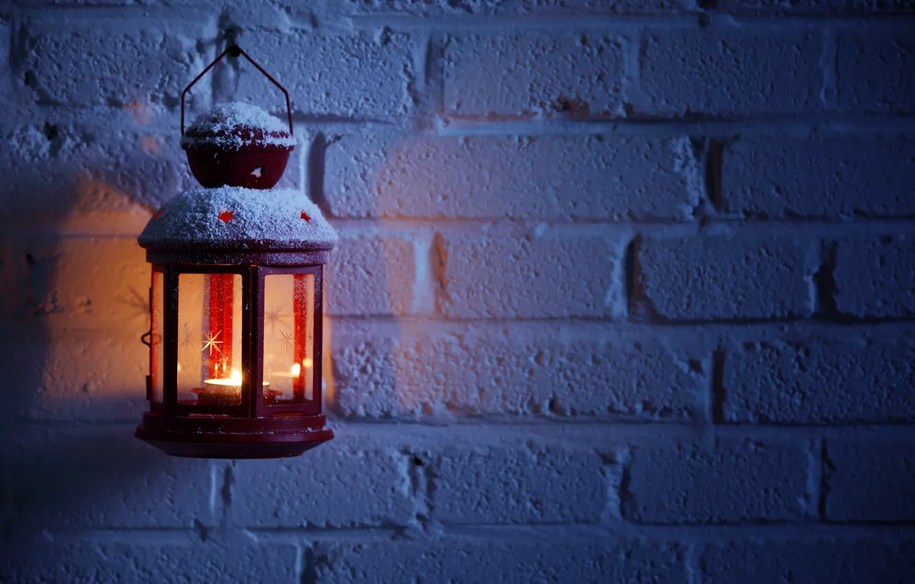 Photo wallpaper winter, snow, night, wall, fire, candle, brick, lantern