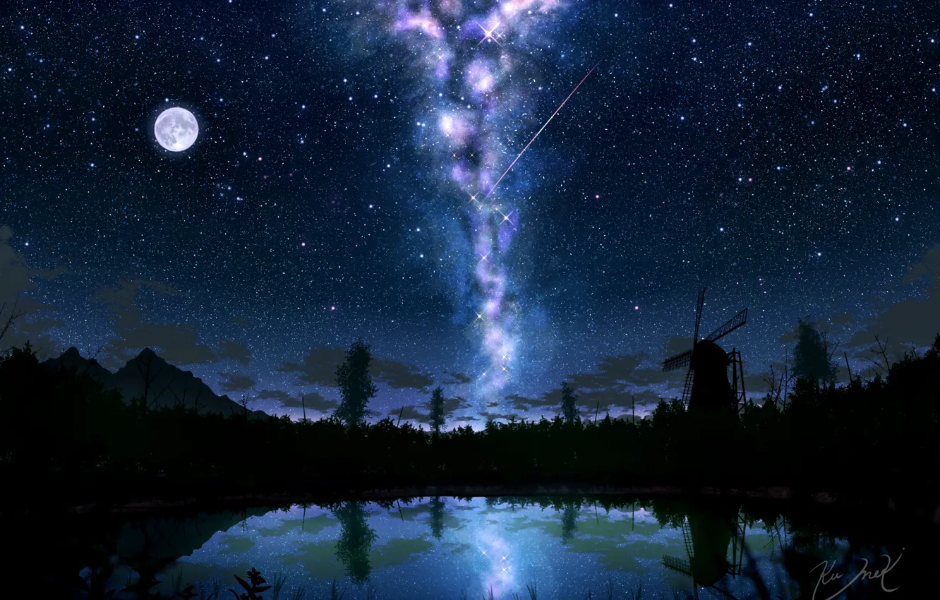 Photo wallpaper the sky, lake, the moon, mill, the milky way