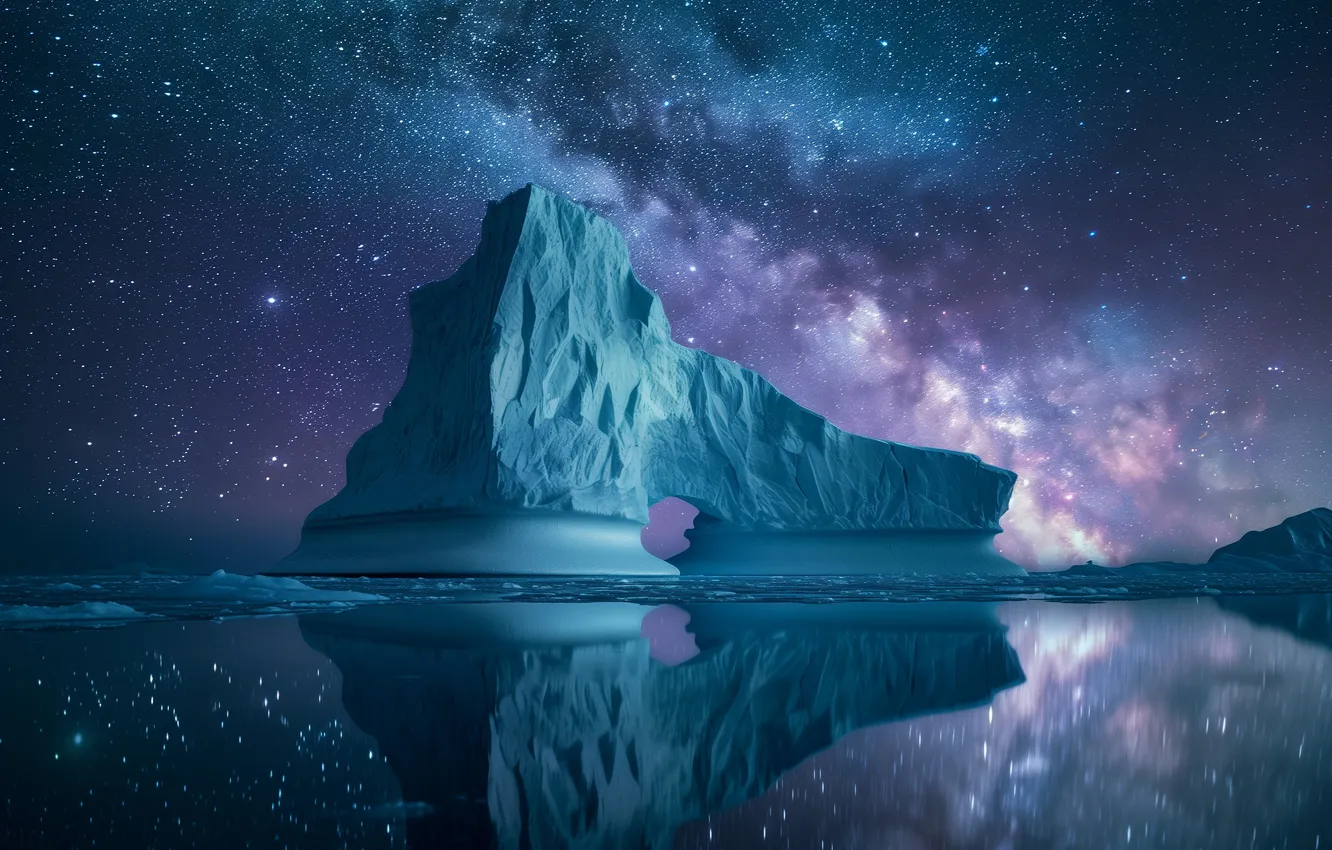 Photo wallpaper ice, stars, landscape, night, reflection, the ocean, iceberg, Arctic