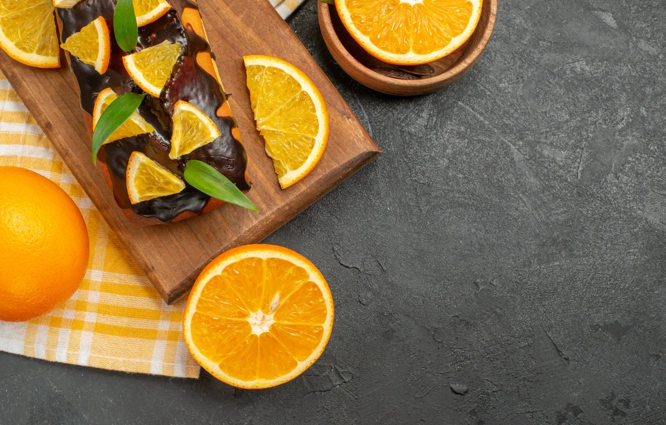 Photo wallpaper orange, chocolate, towel, cake, bowl, leaves, grey background, halves