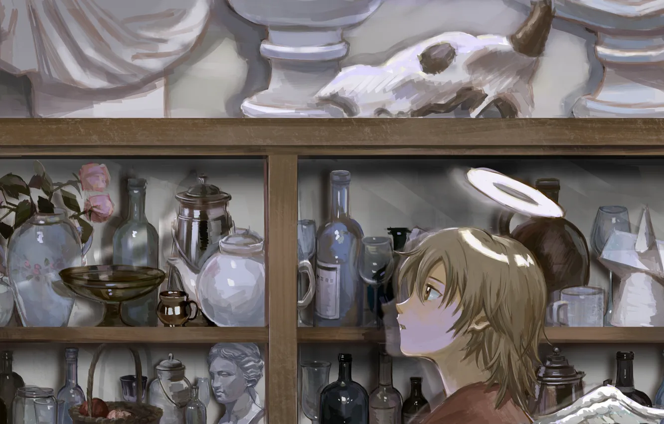 Photo wallpaper girl, flowers, skull, angel, fantasy, Rakka, Haibane Renmei