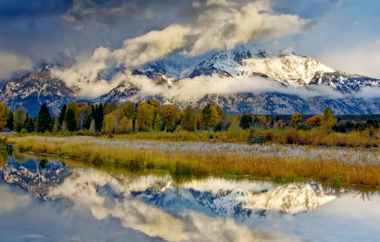 Photo wallpaper the sky, river, mountain, Wyoming, Grand Teton National Park, Snowy morning