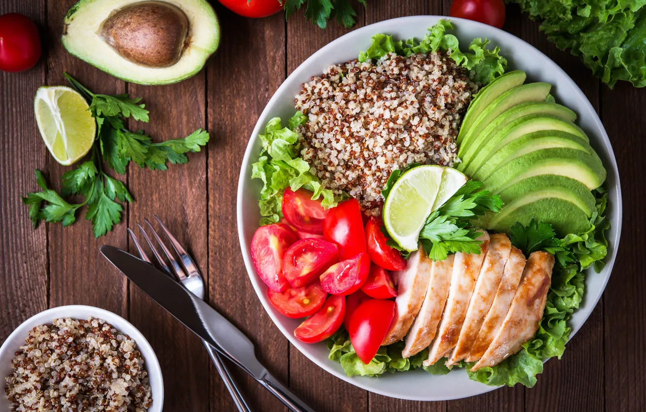 Photo wallpaper meat, vegetables, salad, chicken, cutlery