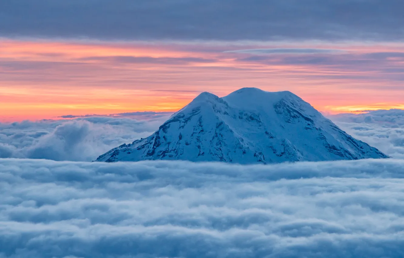 Photo wallpaper mountains, tops, the volcano, glow, USA, Washington, Rainier, odluka