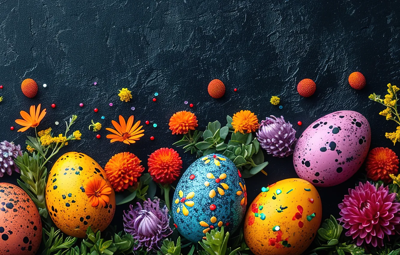 Photo wallpaper flowers, eggs, spring, colorful, Easter, flowers, spring, Easter