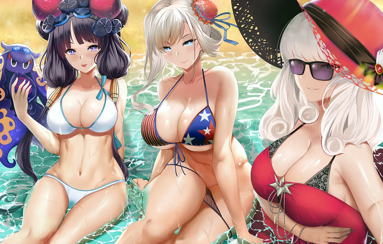 Photo wallpaper sexy, cleavage, beach, long hair, sea, girls, hat, boobs