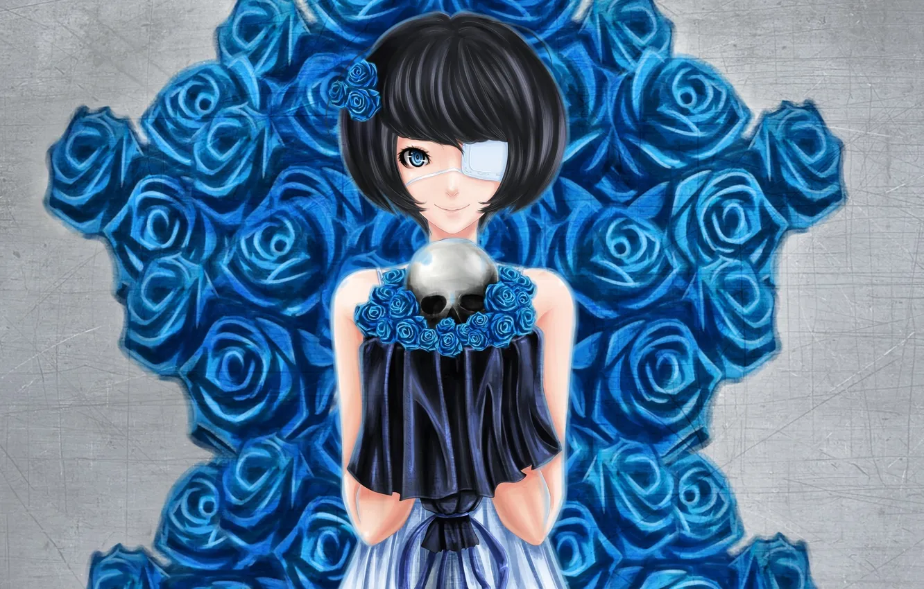 Photo wallpaper girl, blue, background, skull, roses, art, headband