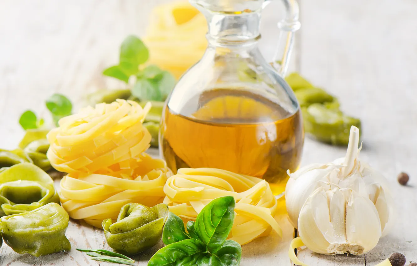 Photo wallpaper table, oil, spaghetti, garlic, black pepper, tortellini