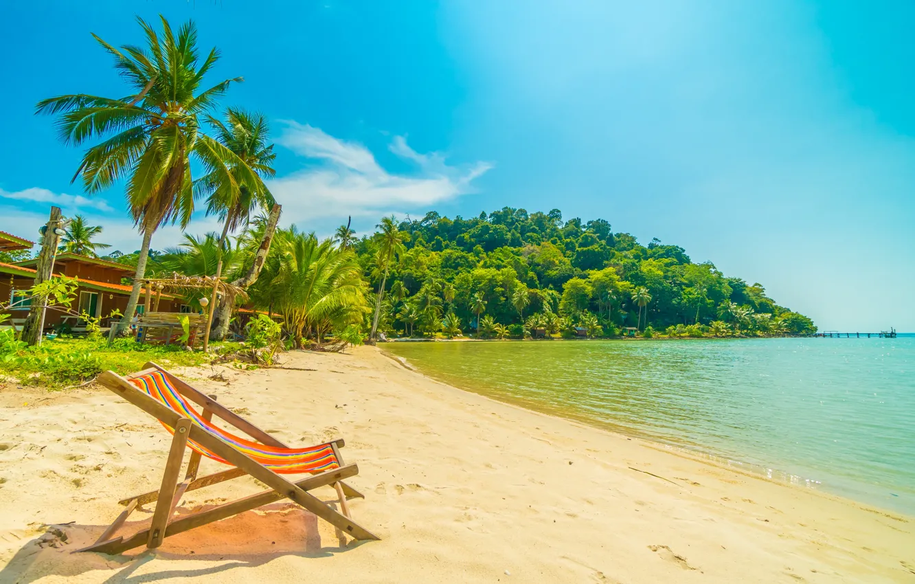 Photo wallpaper sand, sea, wave, beach, summer, the sky, palm trees, shore