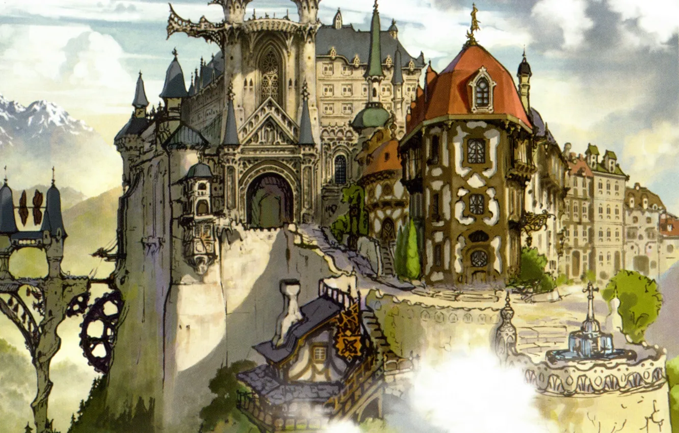 Photo wallpaper castle, tower, fountain, balcony, suspension bridge, stone houses, Granblue Fantasy, medieval architecture