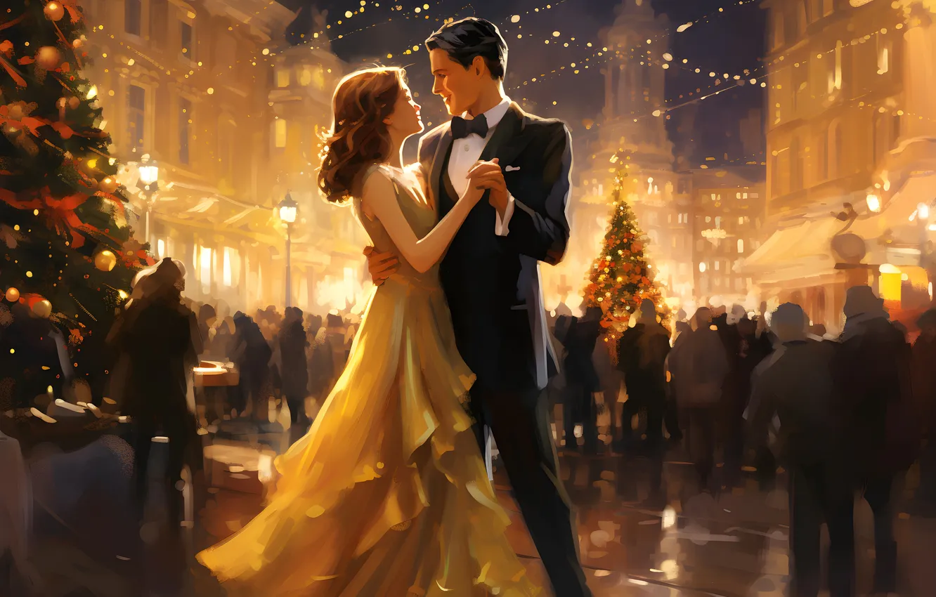 Photo wallpaper girl, people, tree, home, dance, the evening, dress, lights