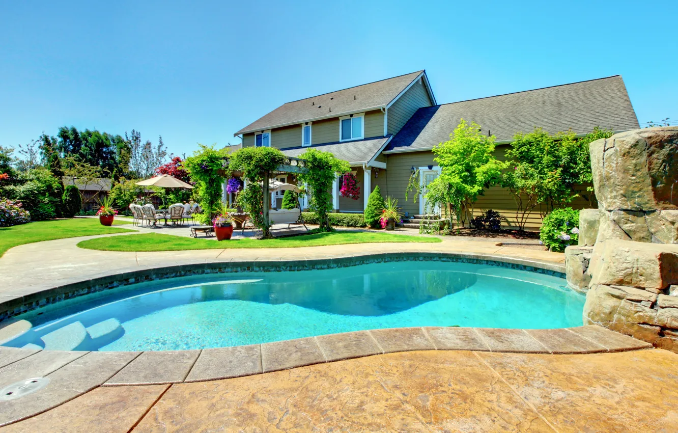 Photo wallpaper the sky, the sun, flowers, design, stones, lawn, Villa, home