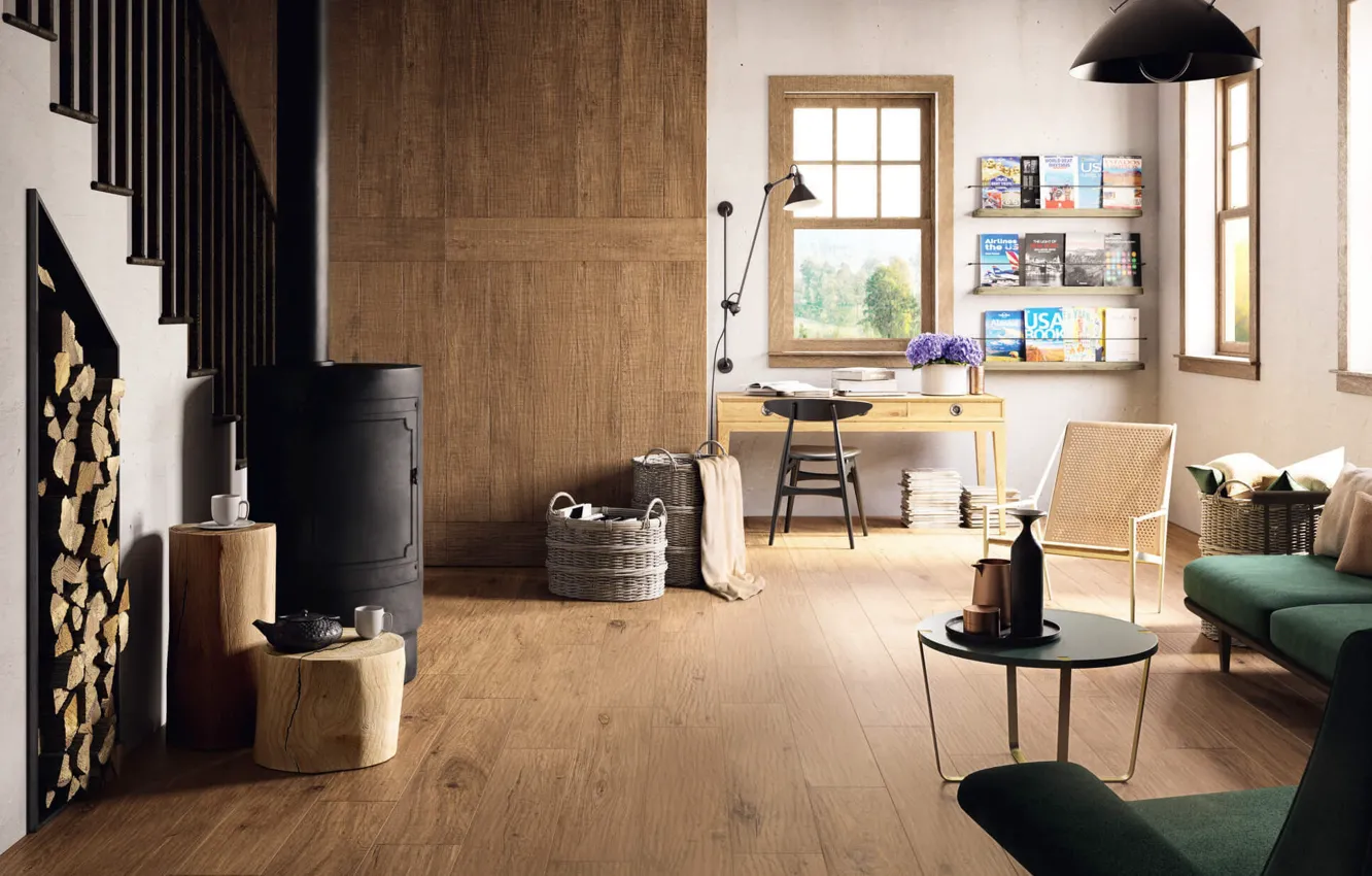 Photo wallpaper interior, fireplace, living room, living room