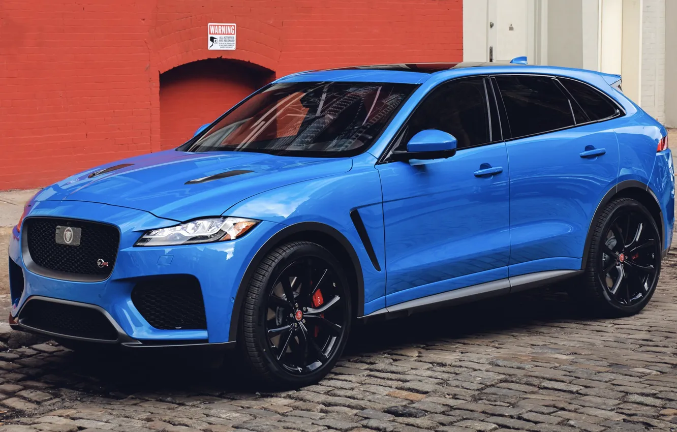 Photo wallpaper car, machine, blue, street, Jaguar, pavers, side, blue