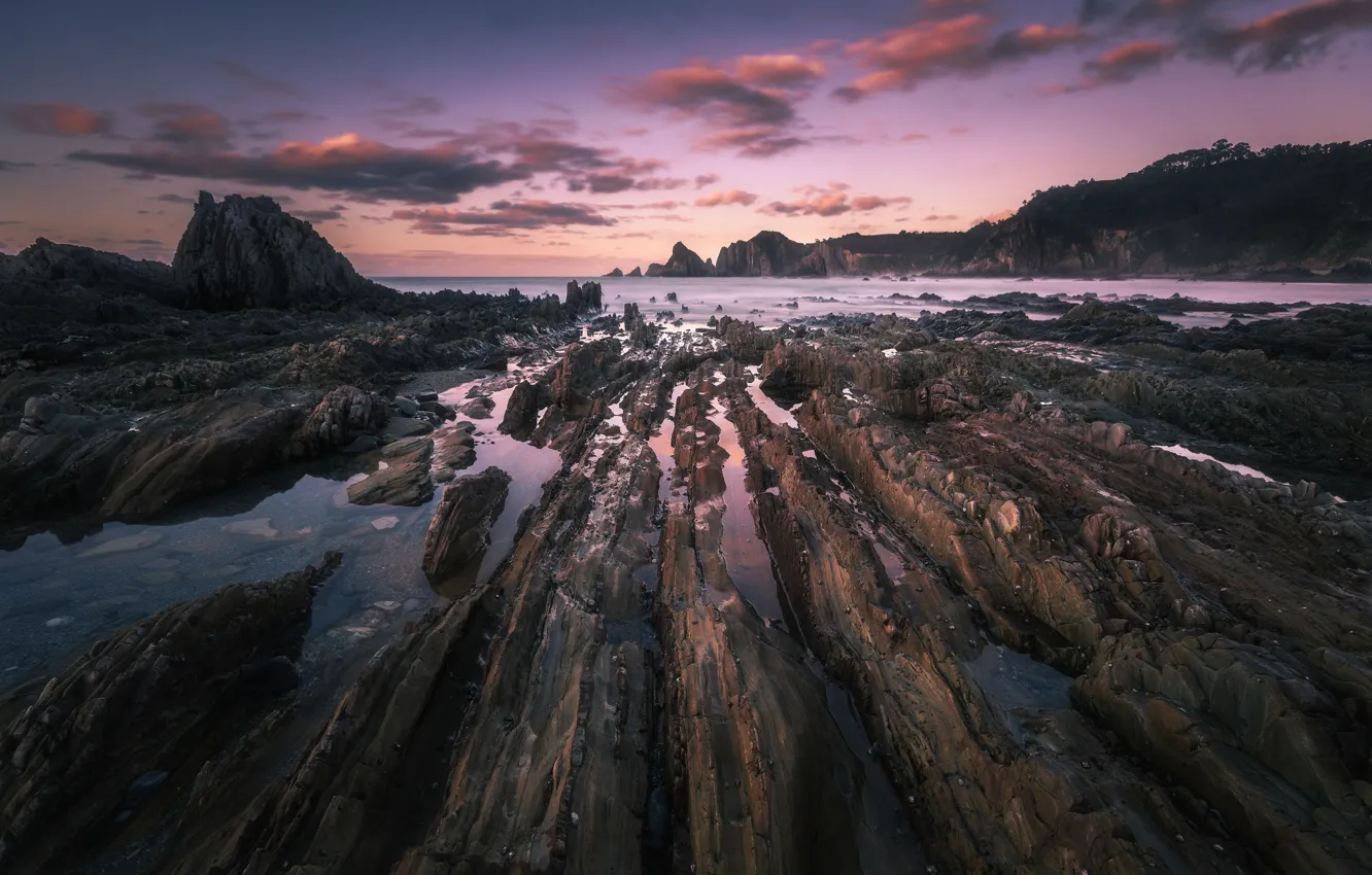 Photo wallpaper sea, clouds, sunset, stones, rocks, dal, the evening, rocky shore