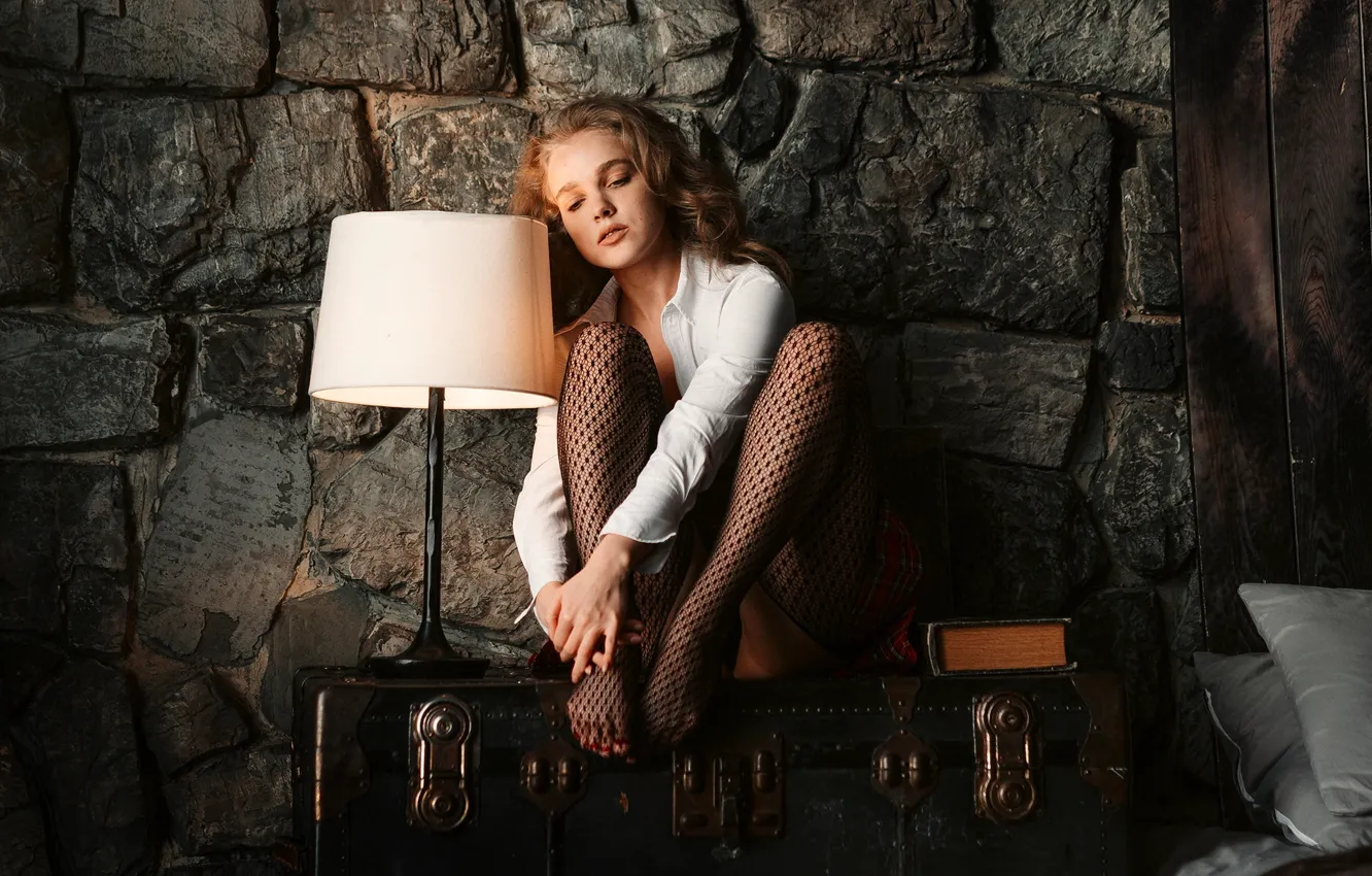 Photo wallpaper girl, model, stockings, beauty, floor lamp, Vladimir Stefanovic, Vladimir Stefanovich, Ksenia Kadnikova