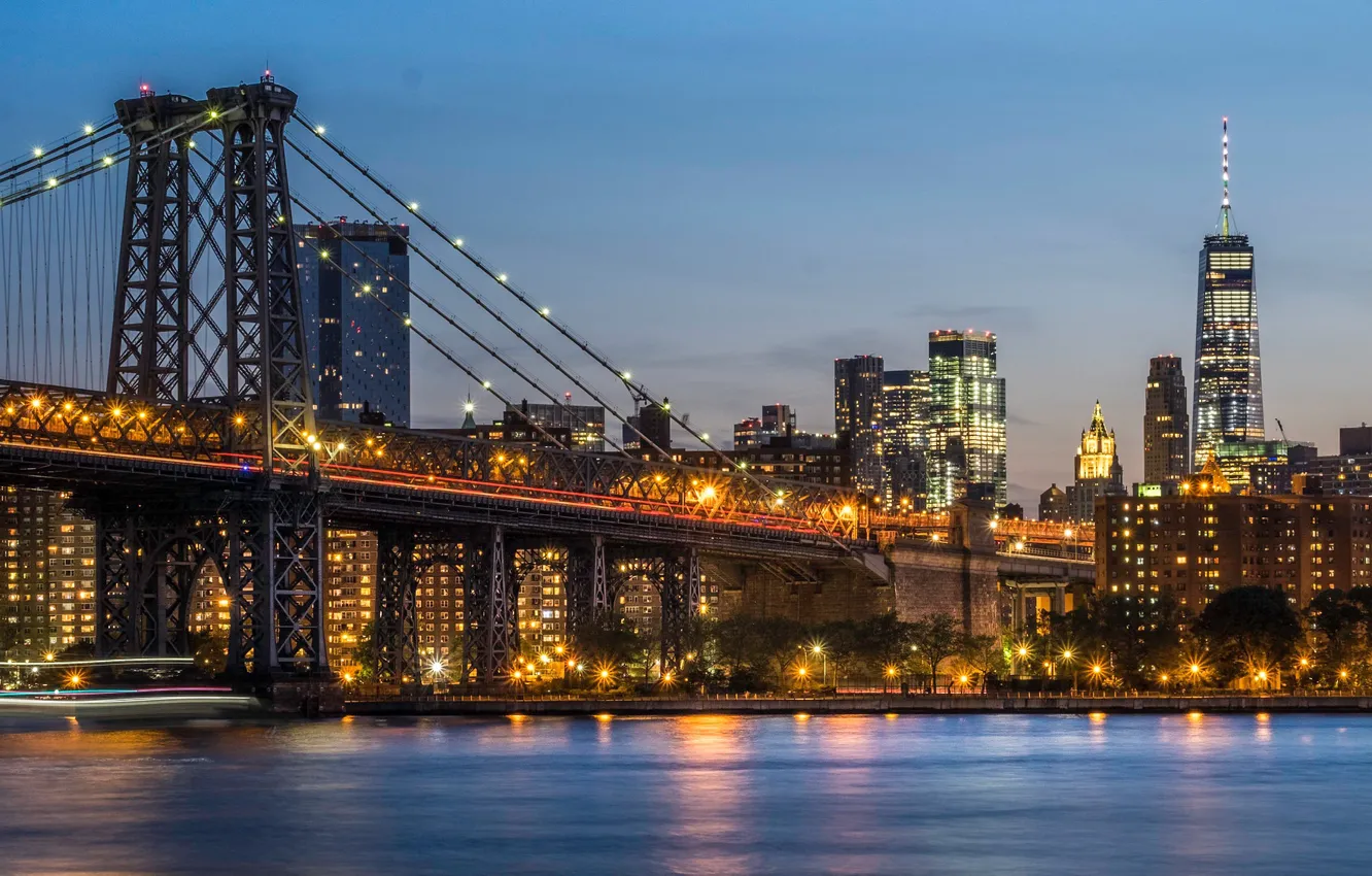 Photo wallpaper bridge, Strait, building, New York, night city, skyscrapers, New York City, Manhattan Bridge