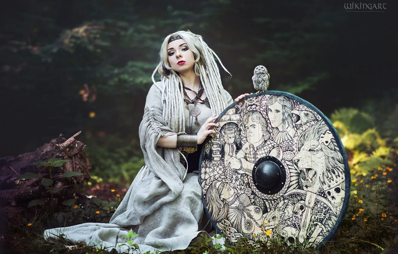 Photo wallpaper forest, look, girl, nature, style, owl, bird, glade