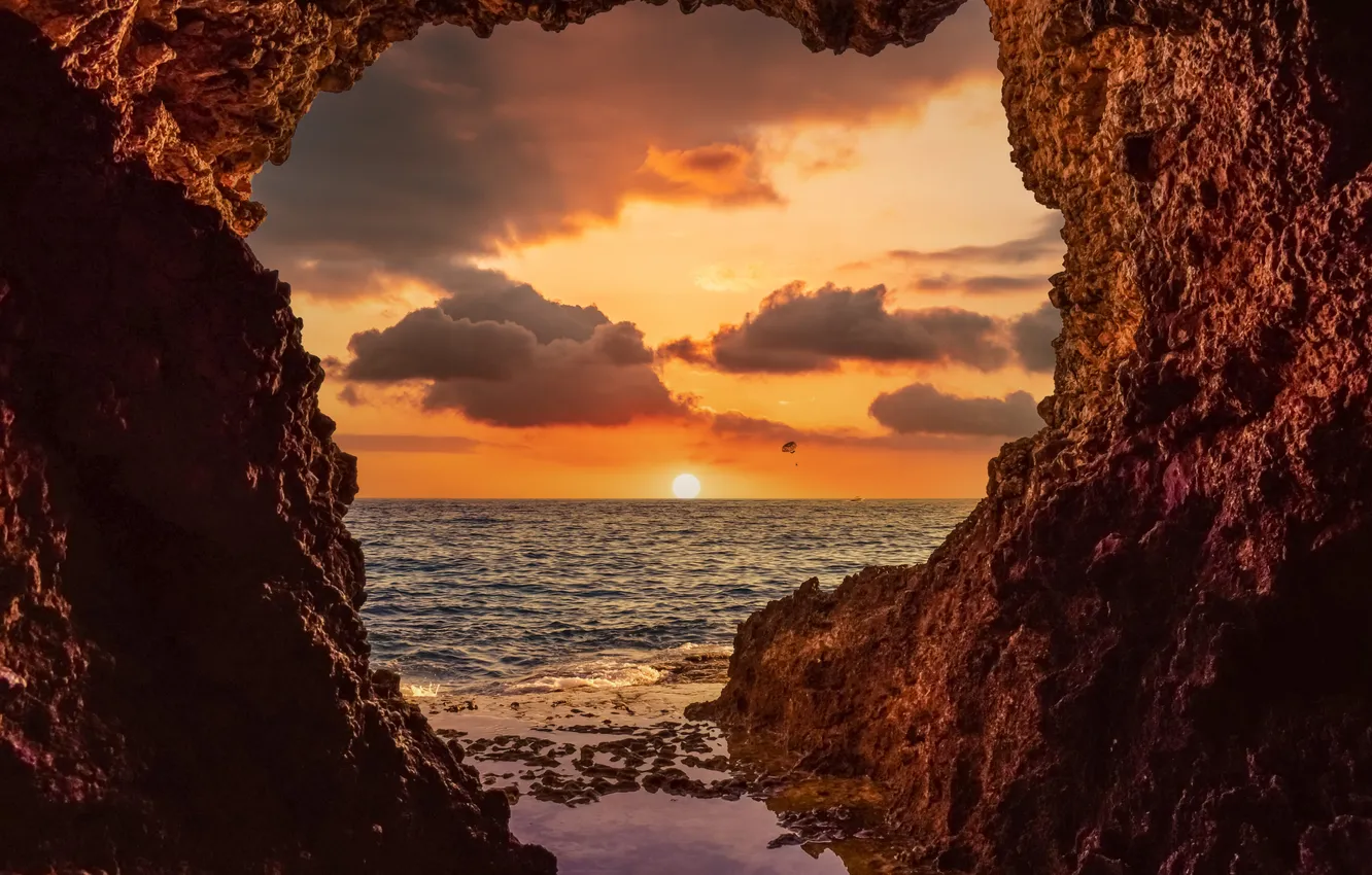 Photo wallpaper sea, beach, the sky, the sun, clouds, sunset, rocks, shore