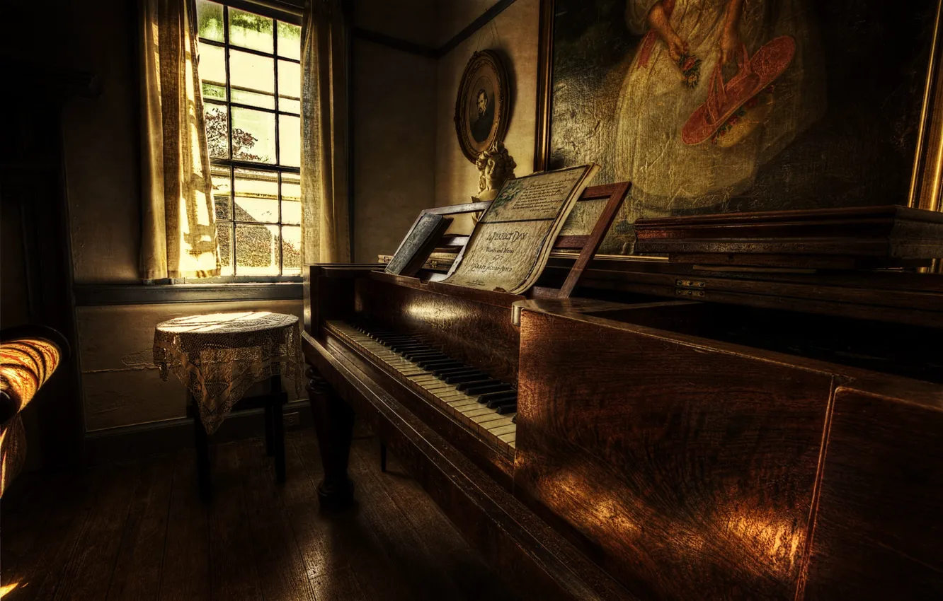 Photo wallpaper rays, light, old, retro, notes, music, room, interior