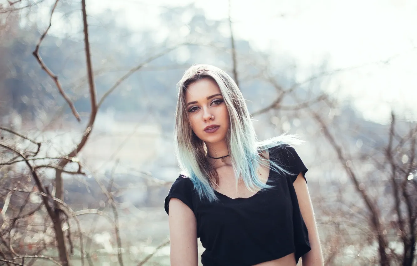 Photo wallpaper branches, black, makeup, Mike, piercing, hairstyle, blonde, cute