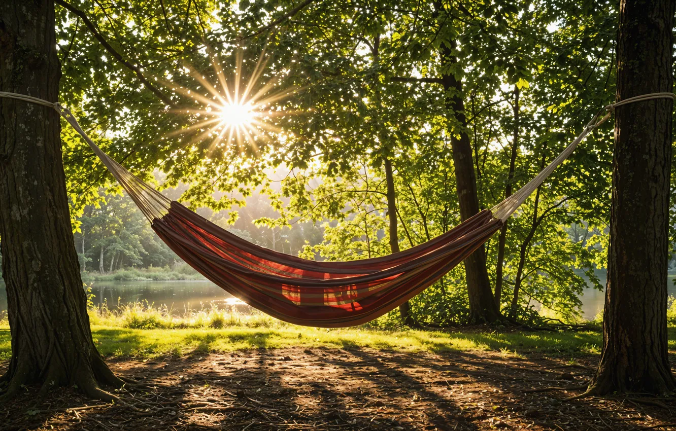 Photo wallpaper forest, summer, the sun, lake, stay, hammock, summer, sunshine