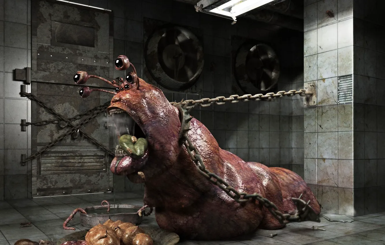 Photo wallpaper food, snail, monster, mouse, chain, bowl