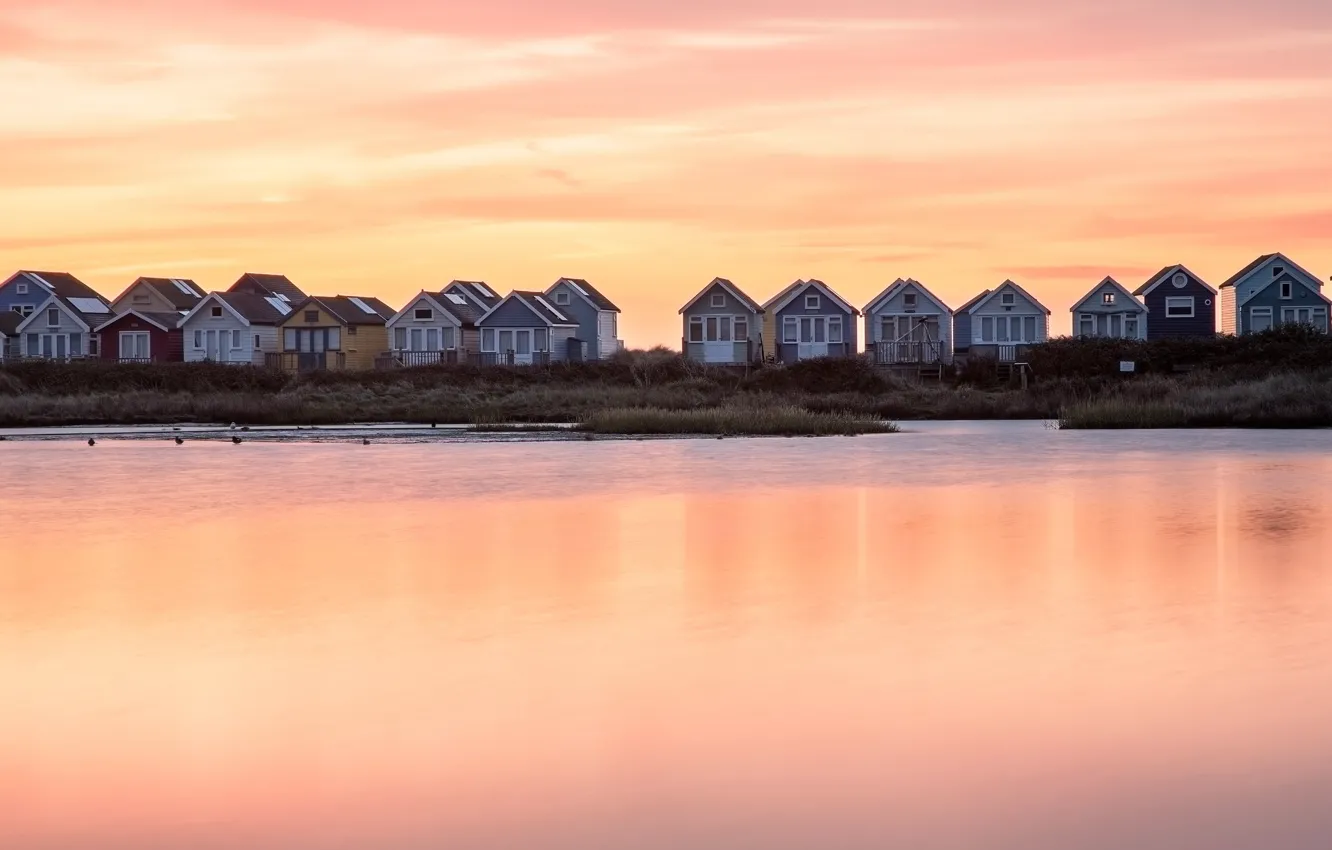 Photo wallpaper sunset, shore, house