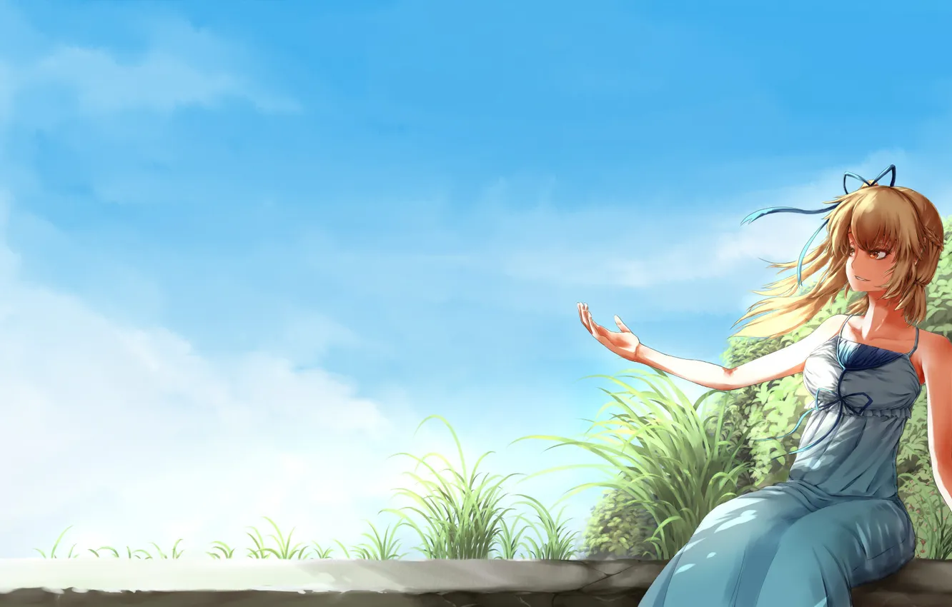 Photo wallpaper grass, girl, smile, the wind, gesture, art, whitefangroxell