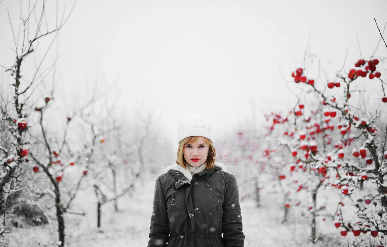 Photo wallpaper winter, girl, snow, hair, apples, the hood, lips, Apple